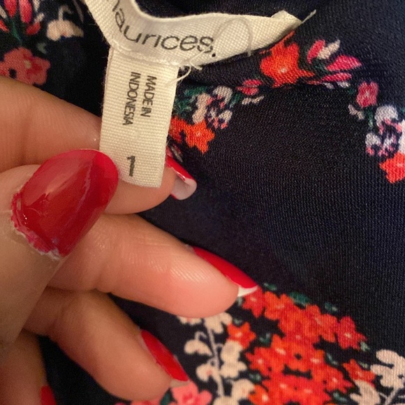 Maurice's Cold Shoulder Handkerchief Hem Navy Blue Pink Floral Midi Dress SZ 1 - Picture 10 of 15